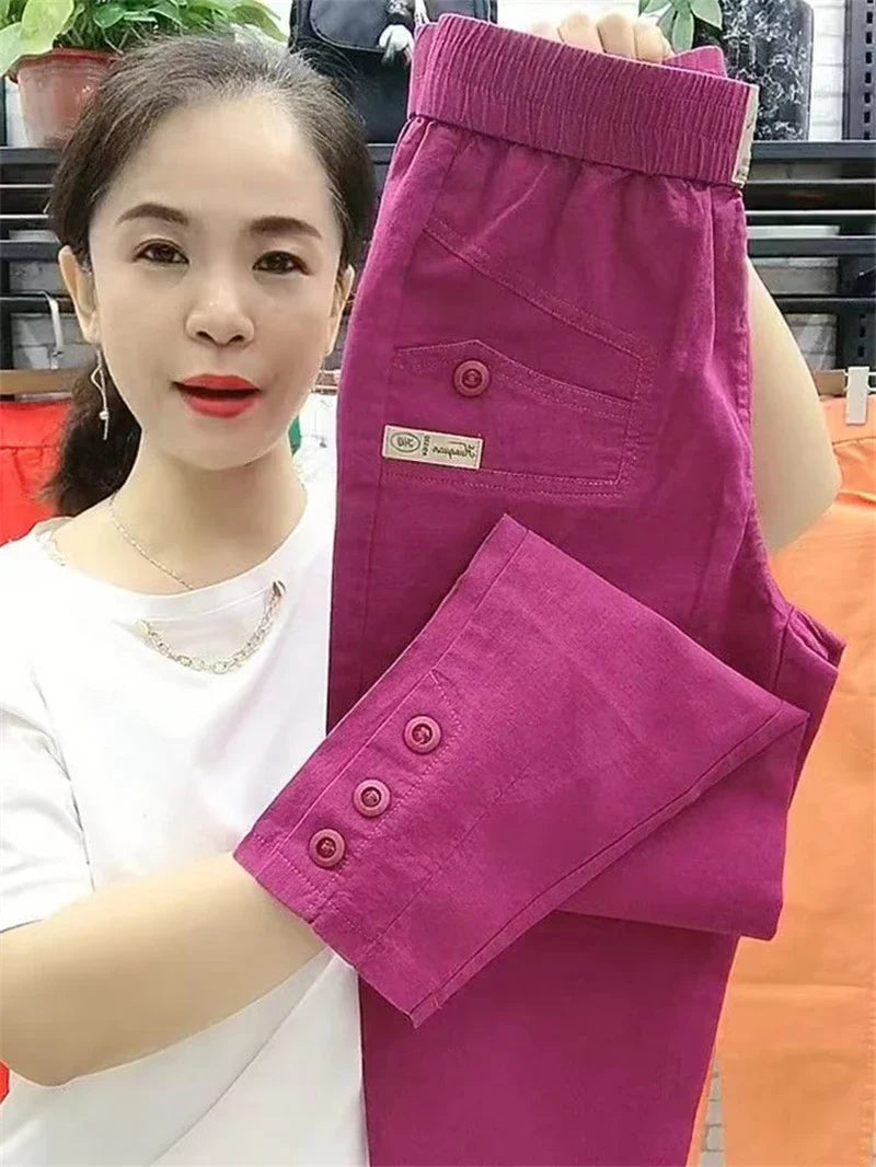 New 2024 Korean Women's pants Autumn High Waist Cotton Hemp Casual Slim High Waist Pants Female Loose Harun pants Ladies Trouser