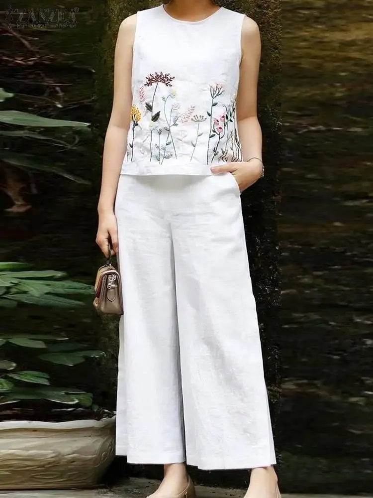 Vintage Women Sleeveless Tops Wide Leg Pant Sets Summer Matching Sets ZANZEA 2PCS Embroidery Floral Trousers Suits Tracksuit