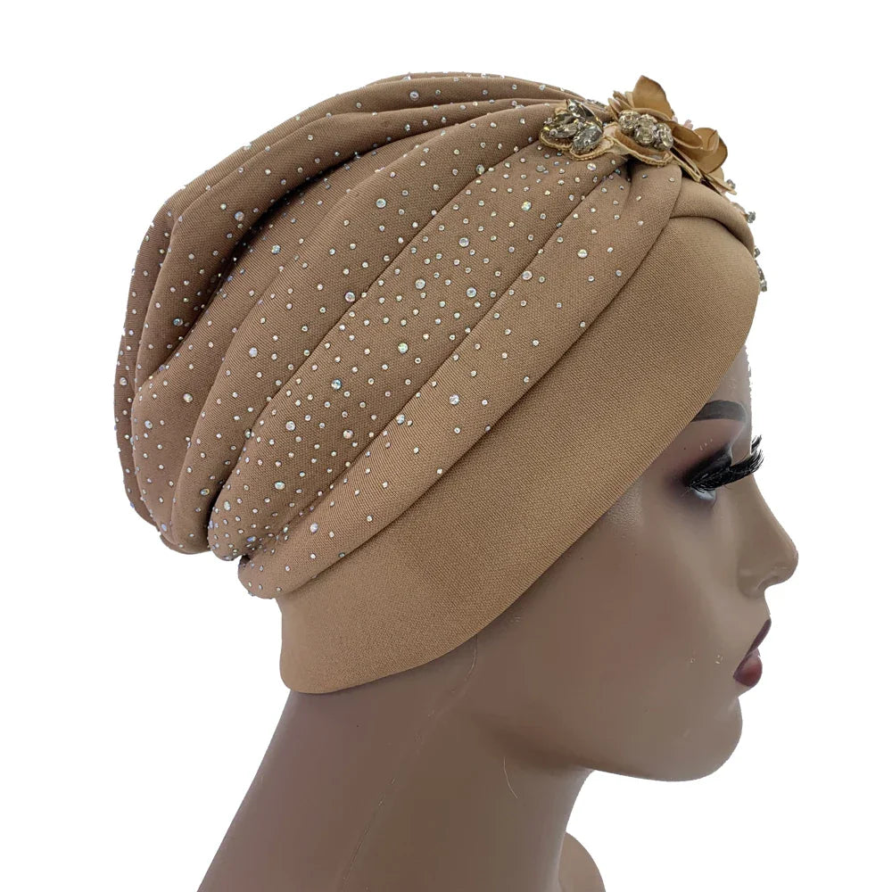Elegant African Turban Cap with Shiny Rhinestone Ready to Wear Nigeria Auto Gele Headtie Party Women's Head Wrap Bonnet Turbante