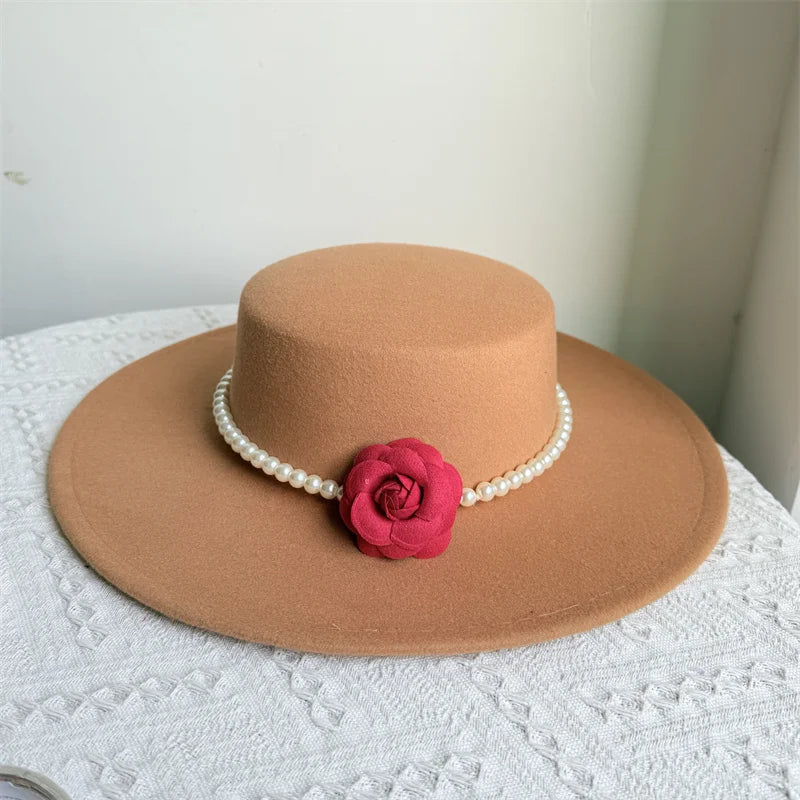 Women's Fashionable Fedora Hat 10CM Wide Brim Flat Top Felt Hats For Wedding And Jazz