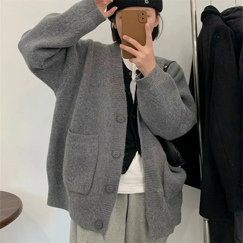 Rimcoy 2025 Chic Yellow Sweater Cardigan Women Lazy Wind Single-Breasted Knitted Cardigan Women Solid V Neck Cardigans Female