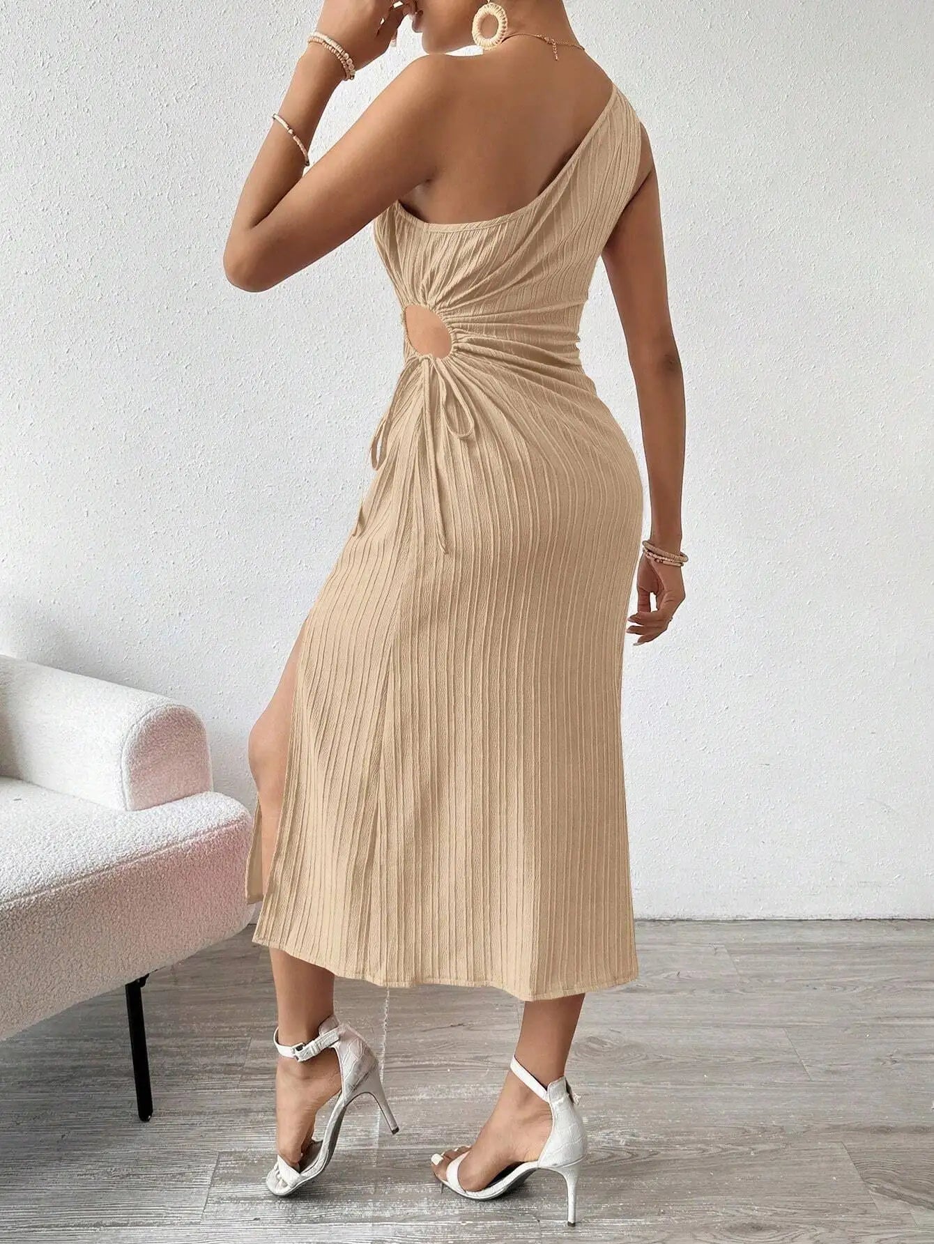 Spring and Summer Elegant Sexy Sleeveless Single Shoulder Diagonal Neck Solid Color Slit Dress Women Summer Dress 2025