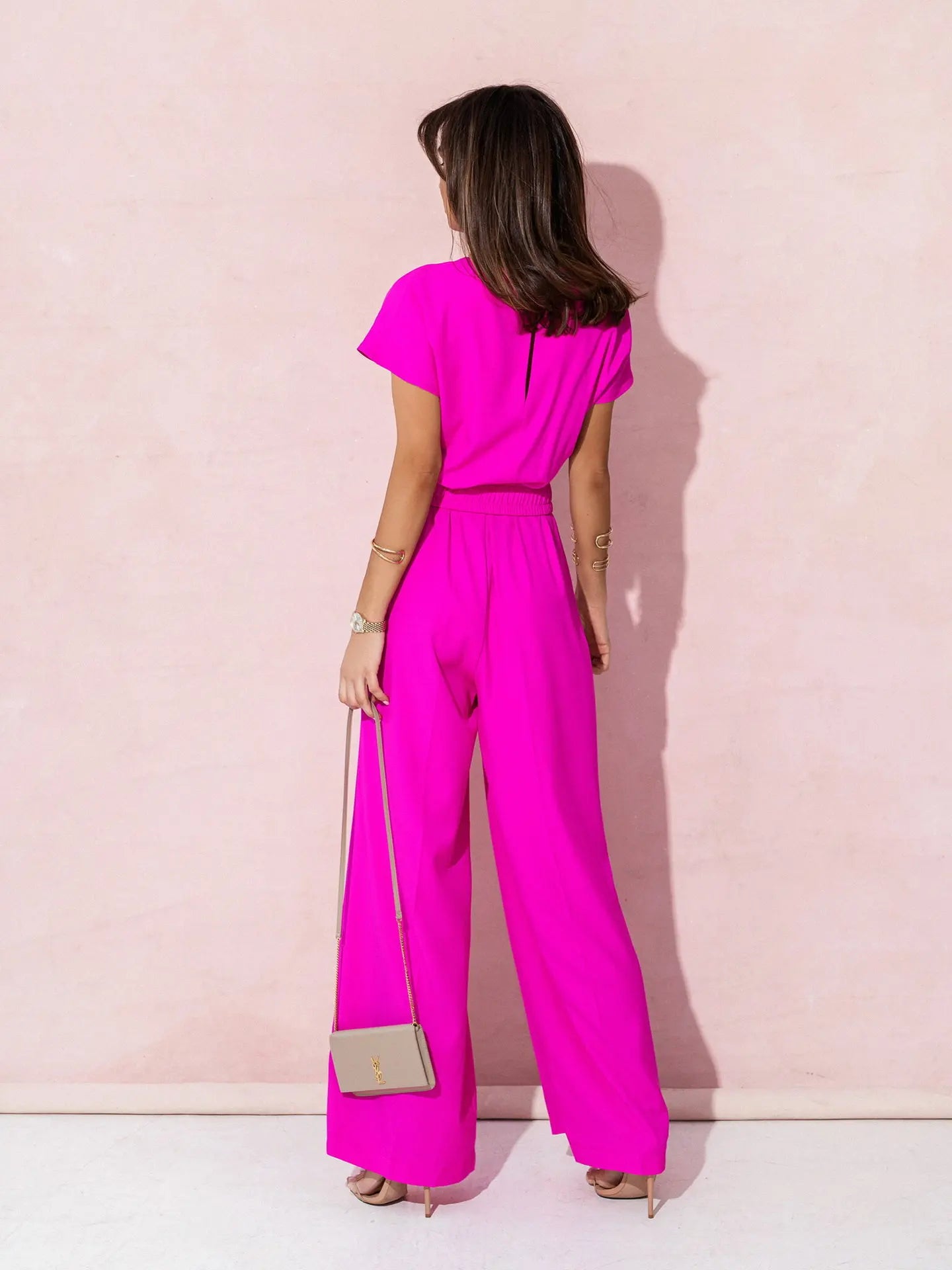 Fashion V-neck Short Sleeve High Waist Jumpsuit Women 2024 Summer Solid Wide Leg Elegant Romper Vintage Jumpsuits Overalls Women