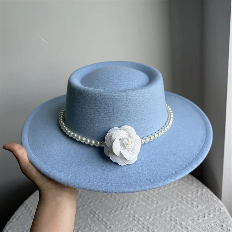 Women's Fashionable Fedora Hat 10CM Wide Brim Flat Top Felt Hats For Wedding And Jazz