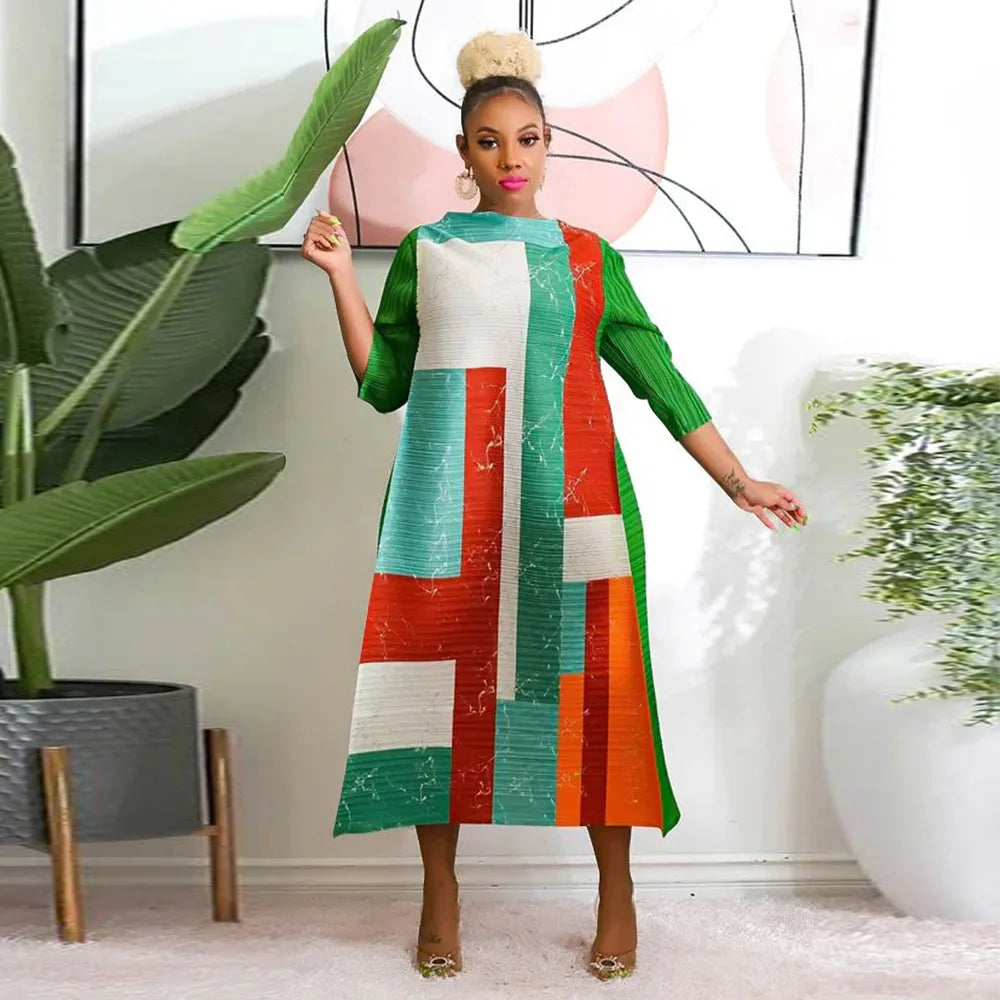 2023 Fashion African 3/4 Sleeve Polyester Plus Size O-Neck Pleated Long Dress Dashiki African Clothes African Dresses for Women