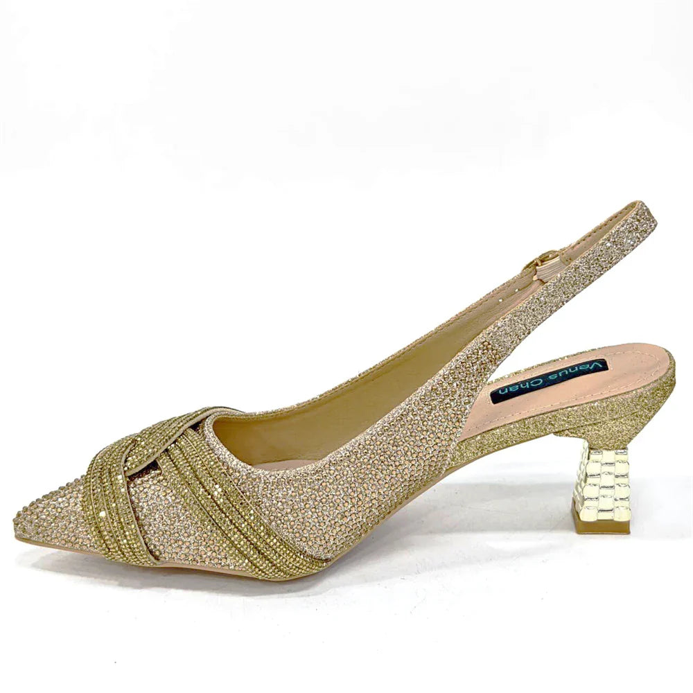 Venus Chan Black Hollow Design With Pointed Shoes And Fashion Three-Dimensional Bag Cozy Rhinestones Are Suitable For Parties