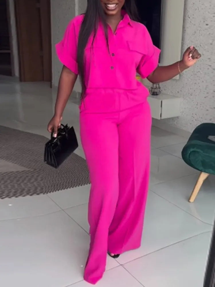 Casual Women's Solid Two Piece Sets Spring Summer Turn-down Neck Short Sleeve Loose Top & Wide Leg Pants Set Streetwear Outfits