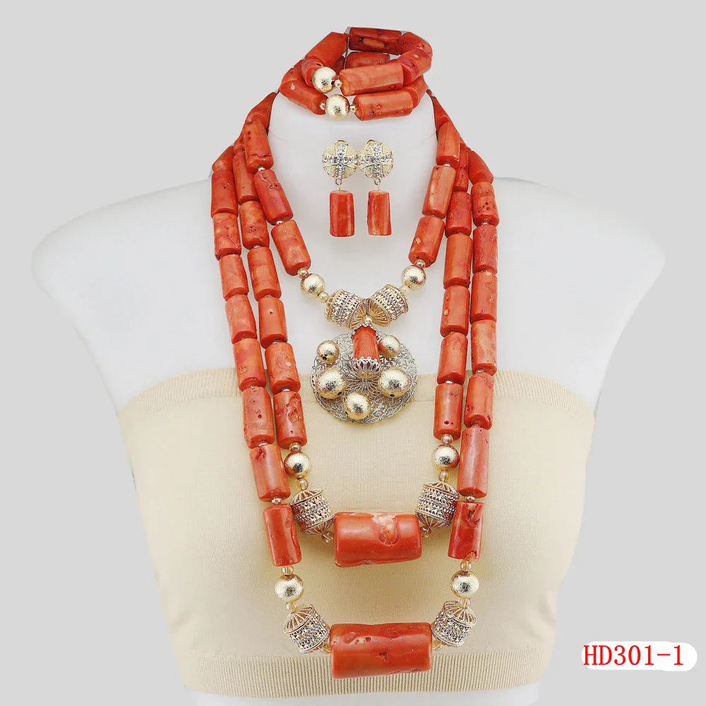 Double Layered Original Coral Nigerian Wedding Beads Jewellery Women Coral Costume Necklace Set