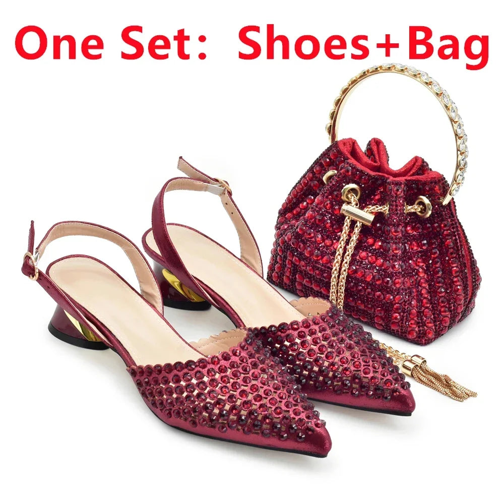Italian Shoes with Matching Bags Set Decorated with Rhinestone African Shoes for Women Mid Heels Party Pumps  Plus Size Heels 43
