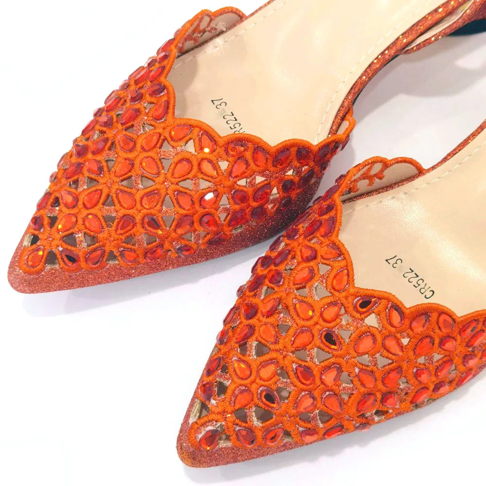 Women's Hollowed Out Embroidery Rhinestone Italian Design Shoes and Bags Set
