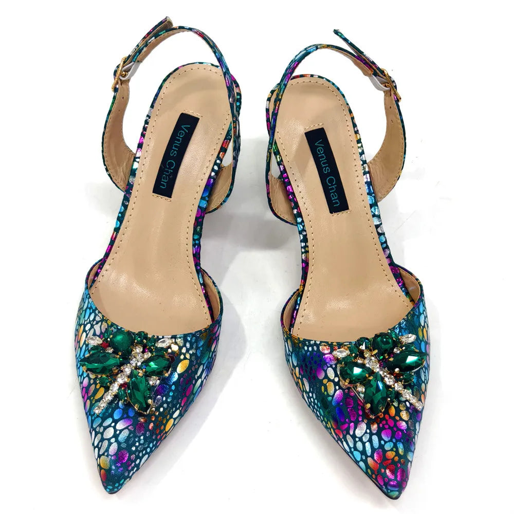 2025 New Yellow Color Thin Heels Pointed Toe Crystal Design Ladies Shoes Matching Bag Set For Women Weeding Party Pump