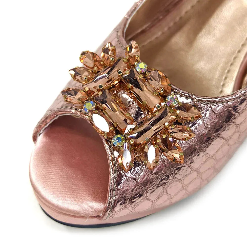 Women's Open Toe Heels Fashionable Rhinestone Decoration Shoe and Bag Set