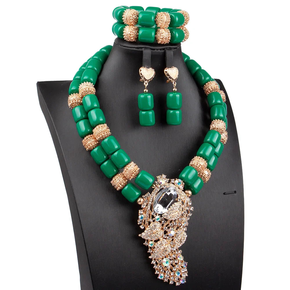 Artificial Coral Women Pendant Necklace Bracelets Earrings Suit African Wedding Jewelry Set Nigeria Bride Accessories Party Gift