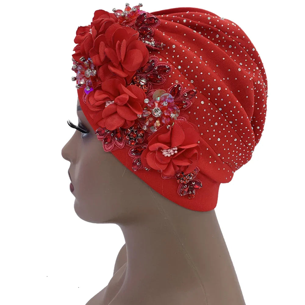 Elegant African Turban Cap with Shiny Rhinestone Ready to Wear Nigeria Auto Gele Headtie Party Women's Head Wrap Bonnet Turbante