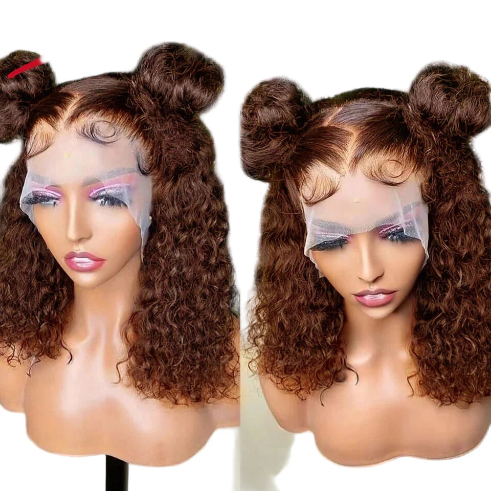 Brazilian Deep Curly Bob Hair Wigs Natural Black Color Brown HD Lace Front Part Transparent Highlight 4/27 Color Remy Hair Wig