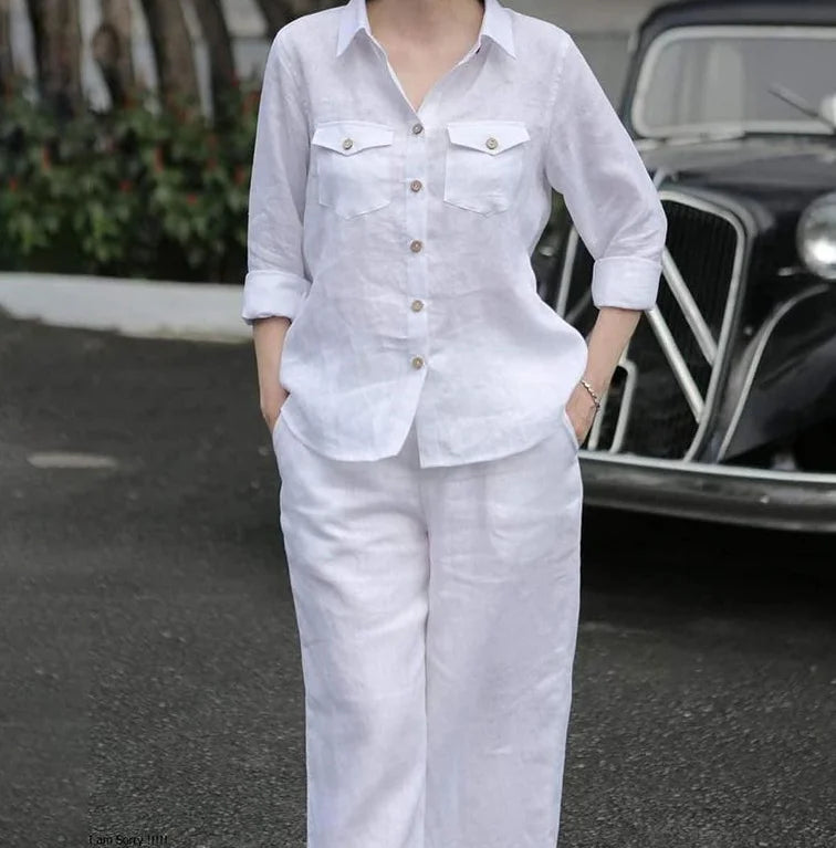 Women Elegant Lapel Neck Long Sleeve Shirt Pants Sets 2PCS Fashion Autumn Outifits Solid Work Trousers Suits Tracksuit