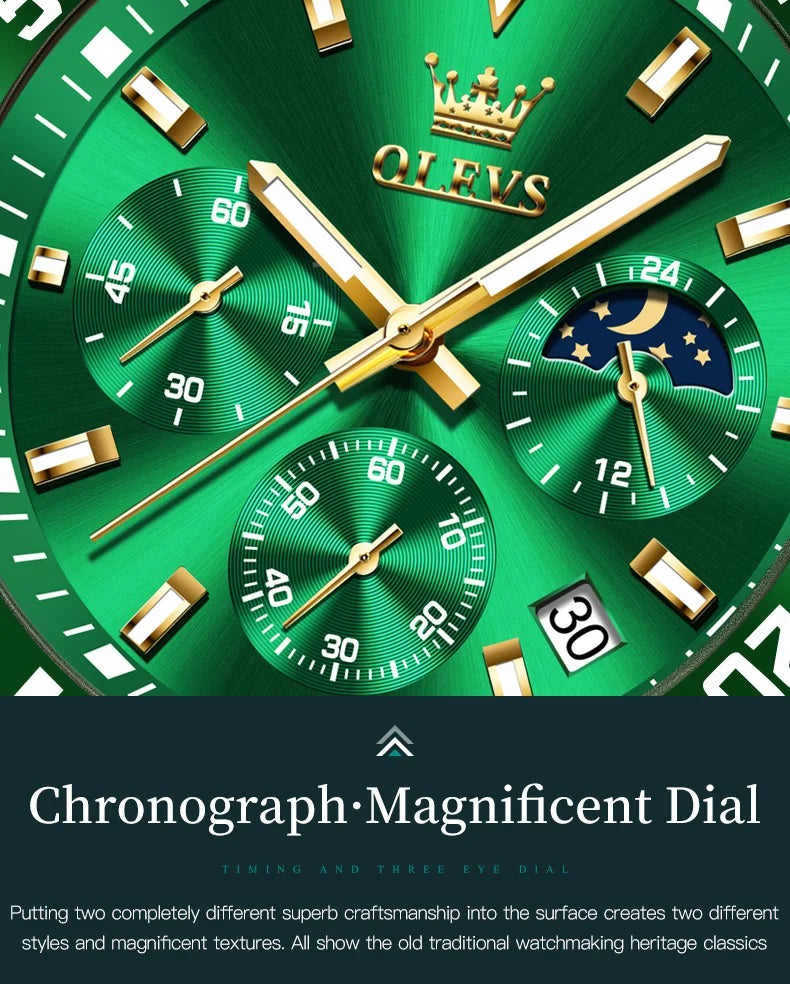 Men's Watches Top Brand Luxury Watch for Men Original Waterproof Stainless Steel Chronograph Moon Phase Date Rota Dial
