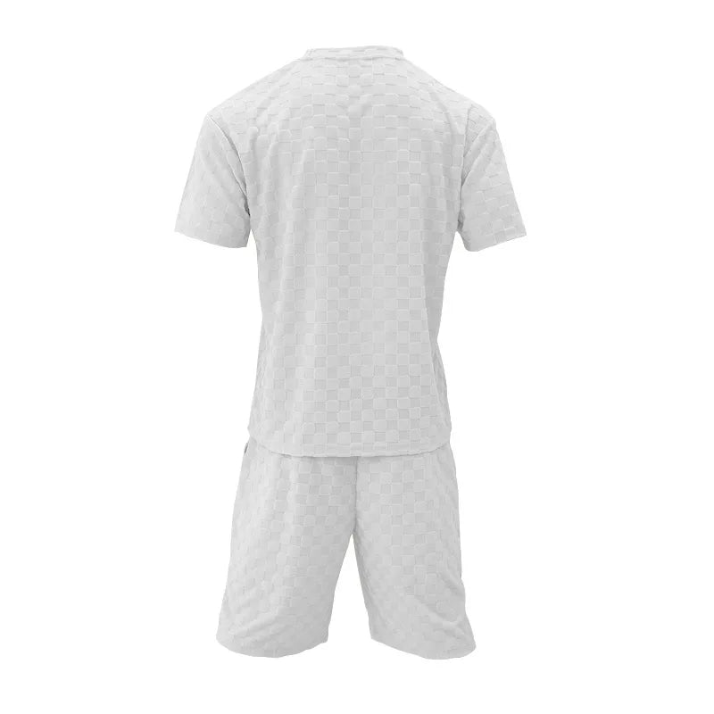 Men White Jacquard Checkered Short Sleeve Shorts Set Men's High-End Two-Piece Summer Trendy Clothing One Set Match Male Fashion