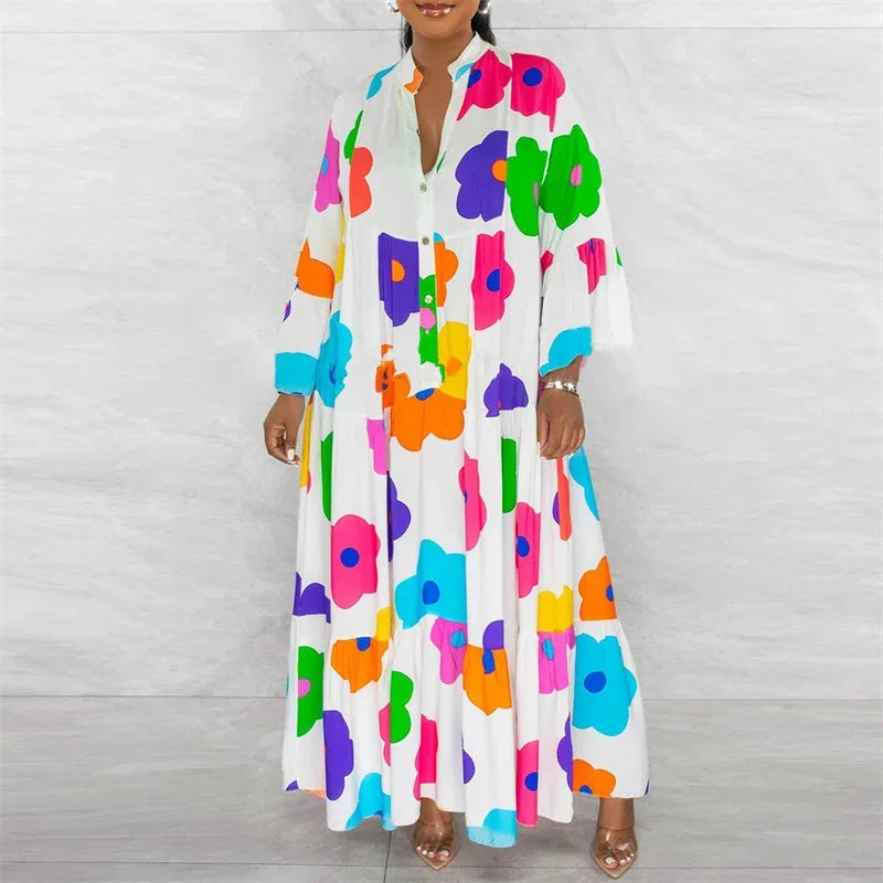 Floral Print Long Sleeve Shirt Dress for Women Spring Autumn Button-up Straight Loose Oversized Casual Long Dresses Vestidos