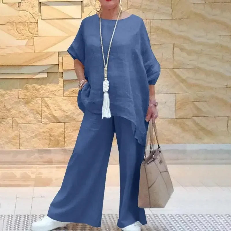 2024 Summer Fashion Cotton Linen Women's Set Large Irregular Linen Shirt High Waist Loose Wide Leg Pants Elegant Two Piece Set