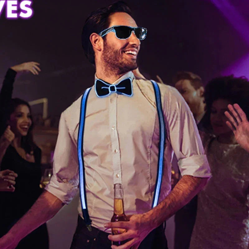 Light-Up LED Suspenders & Bow Tie Set – Adjustable Glowing Party Braces for Kids & Adults