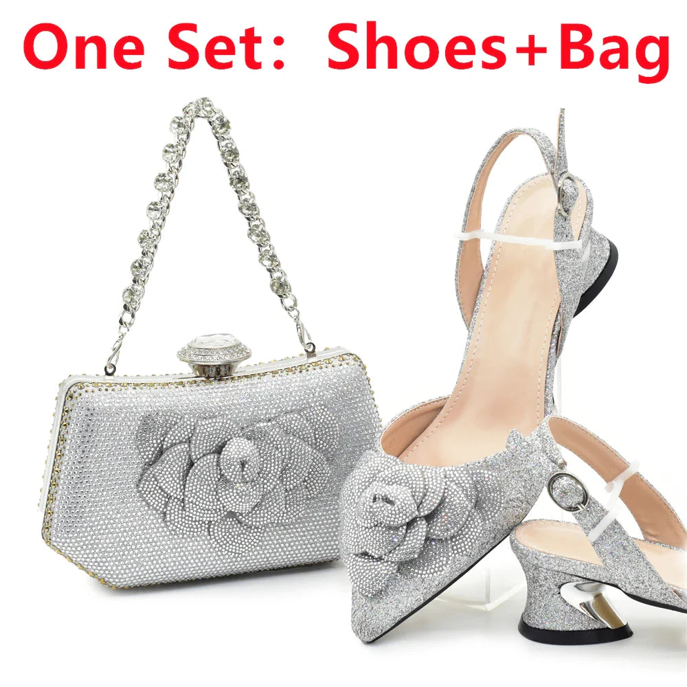 Women's Shoe and Bag Set Latest Luxury Italian Rhinstone Design for Wedding and Party