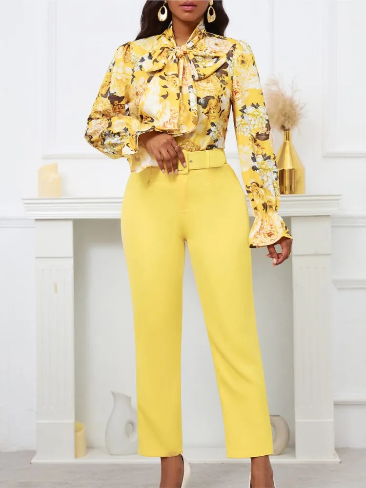 Fashion Print Two Piece Set Women Office Suits Tie Bow Neck Button Shirt + Belt Pencil Pants Elegant Slim Lady Sets Casual shirt