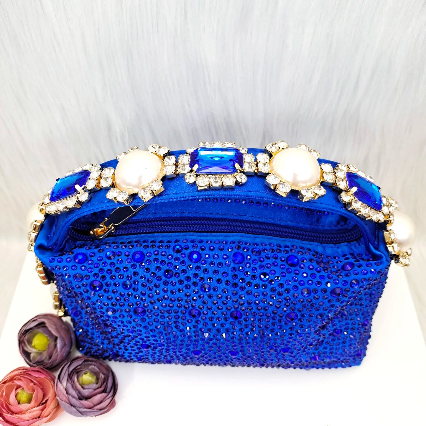 JMF New arrive Italian Design Blue Women's Fashion Rhinestone Pearl Point Toe Stiletto Heels Sandals Women's Shoes & Bag Set