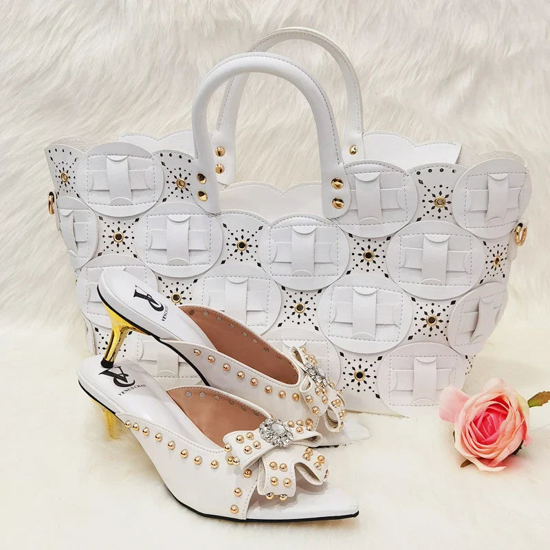 2022 Rivet Style  Women Shoes and Bag to Match in Color matching High Quality Nigerian Design Matching Shoes and Bag