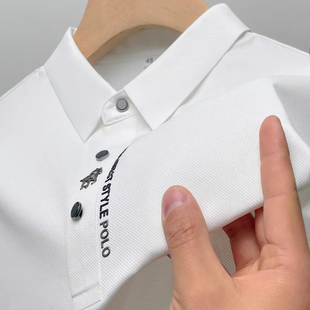 Ice Silk Embroidery Summer Polo Shirt Lapel Elasticity T-shirt Short Sleeve