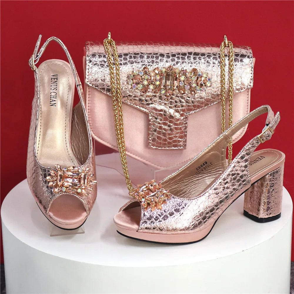 Women's Open Toe Heels Fashionable Rhinestone Decoration Shoe and Bag Set