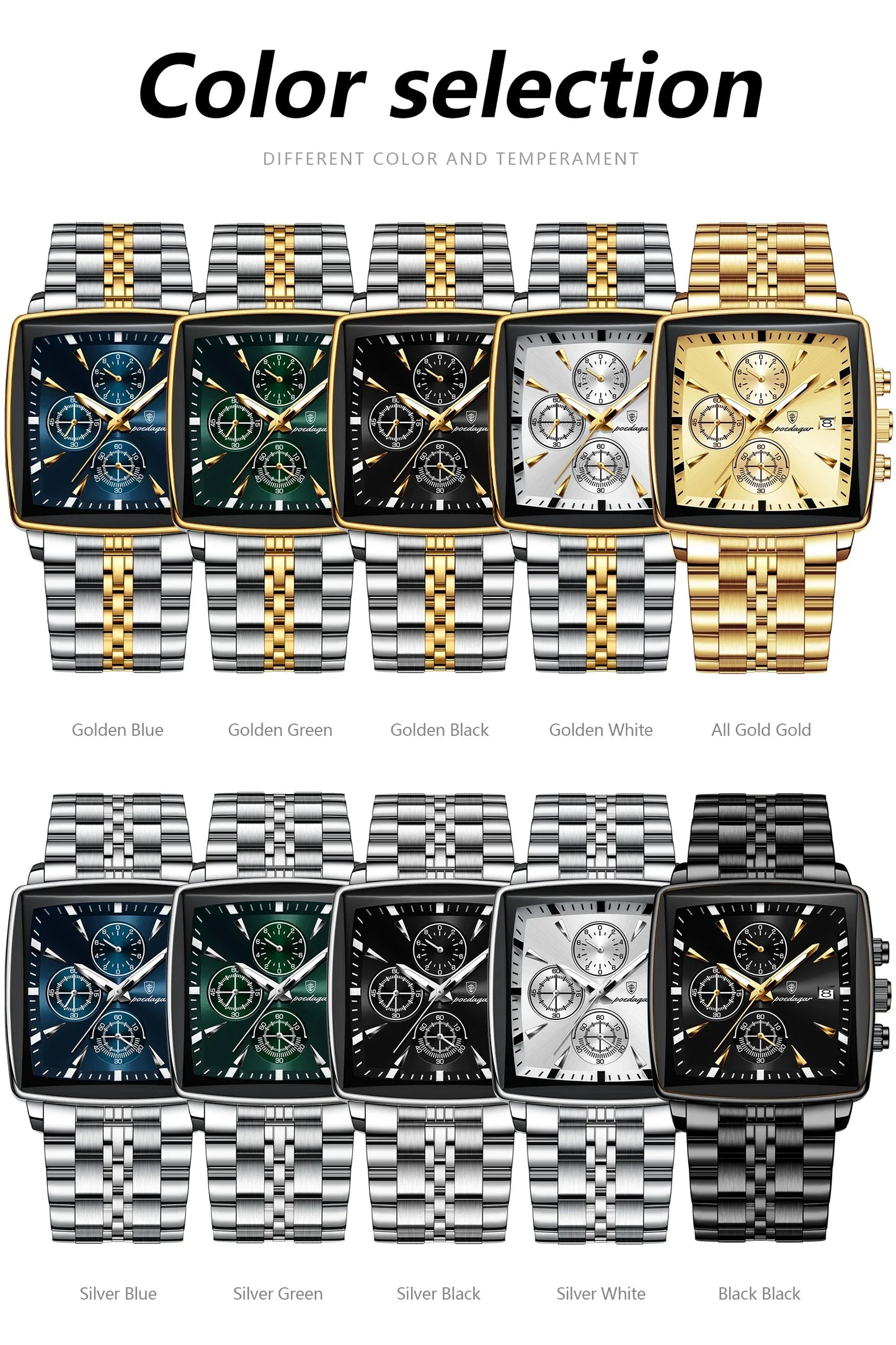 Fashion Men Watch Luminous Waterproof Chronograph Date Man Wristwatch Square Stainless Steel Quartz Men's Watches Reloj