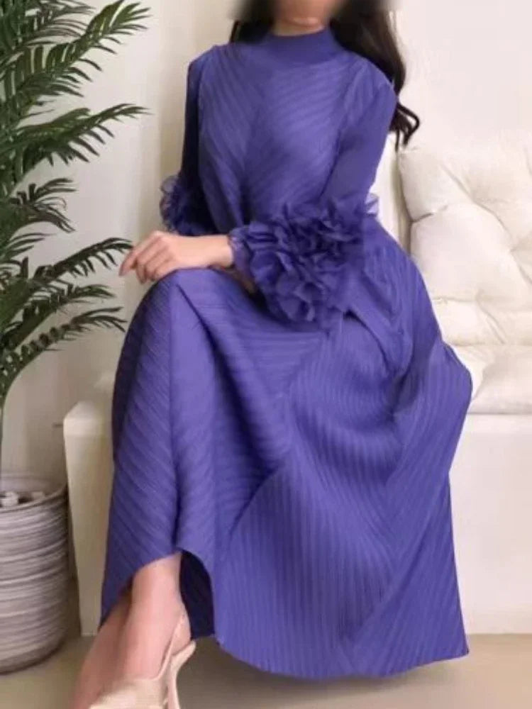Pleated Maxi Long Dress Mesh Petal Sleeve Half Turtleneck Formal Dresses for Women 2024 New Hot Sales