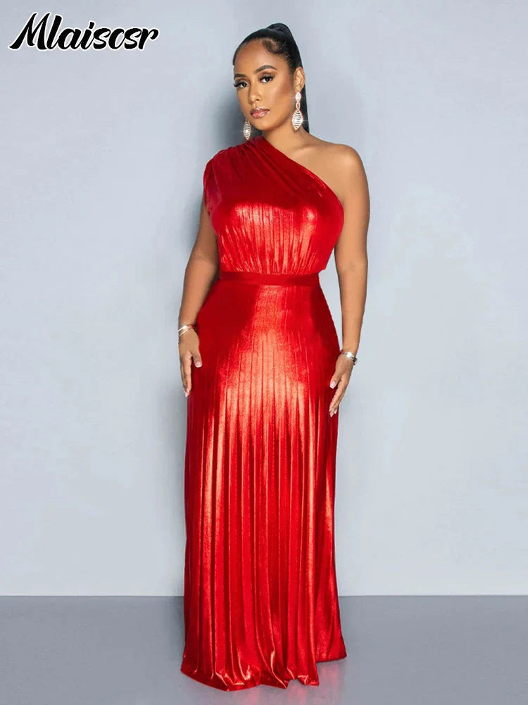 Women's Metallic Golden One Shoulder Sleeveless Pleated A-Line Long Dress Elegant Luxury Evening Gowns