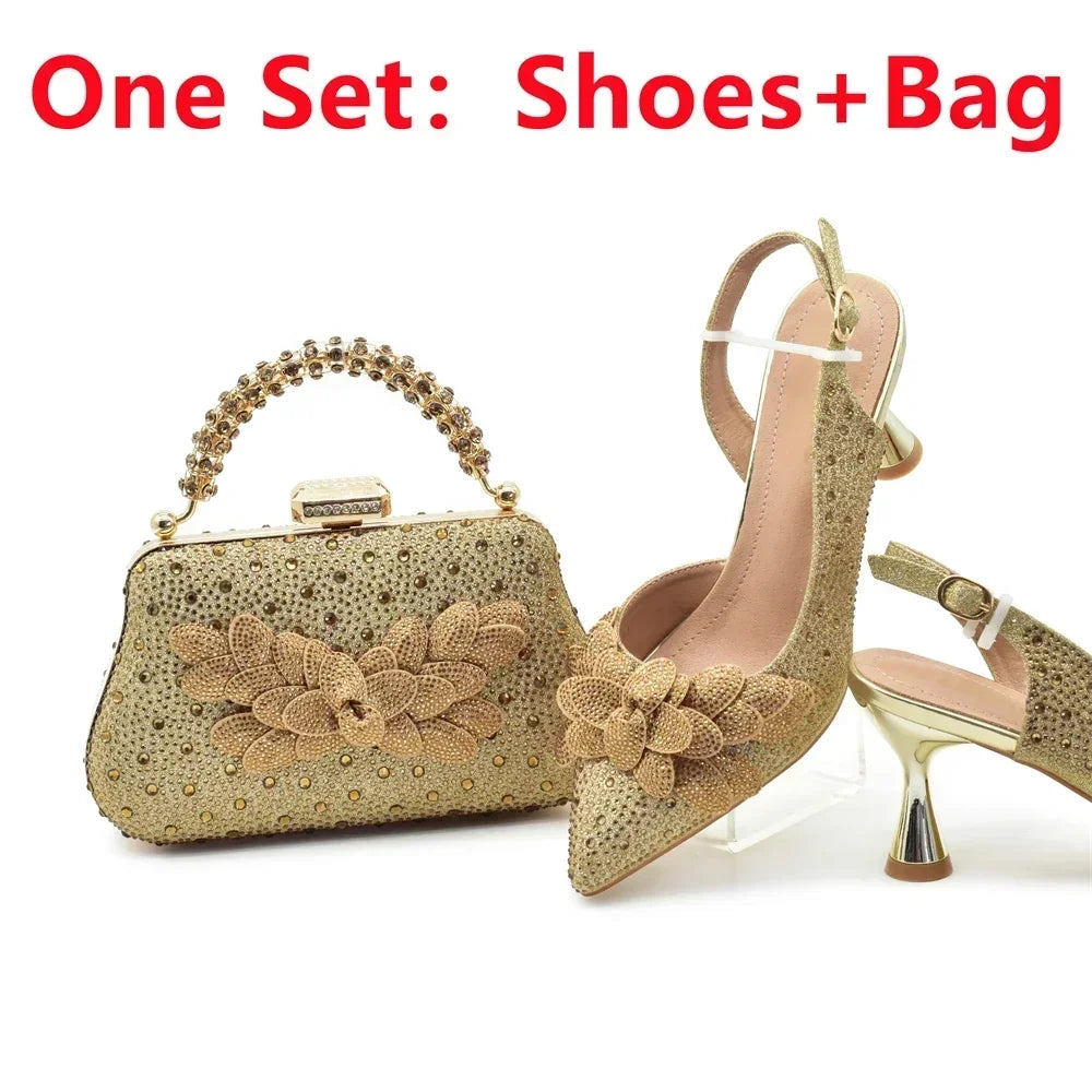 Luxury Italian Shoes and Bag Set for Women Wedding Pointed Toe Women's Pumps High Heel Rhinestones Party Ladies Shoe and Bag Set