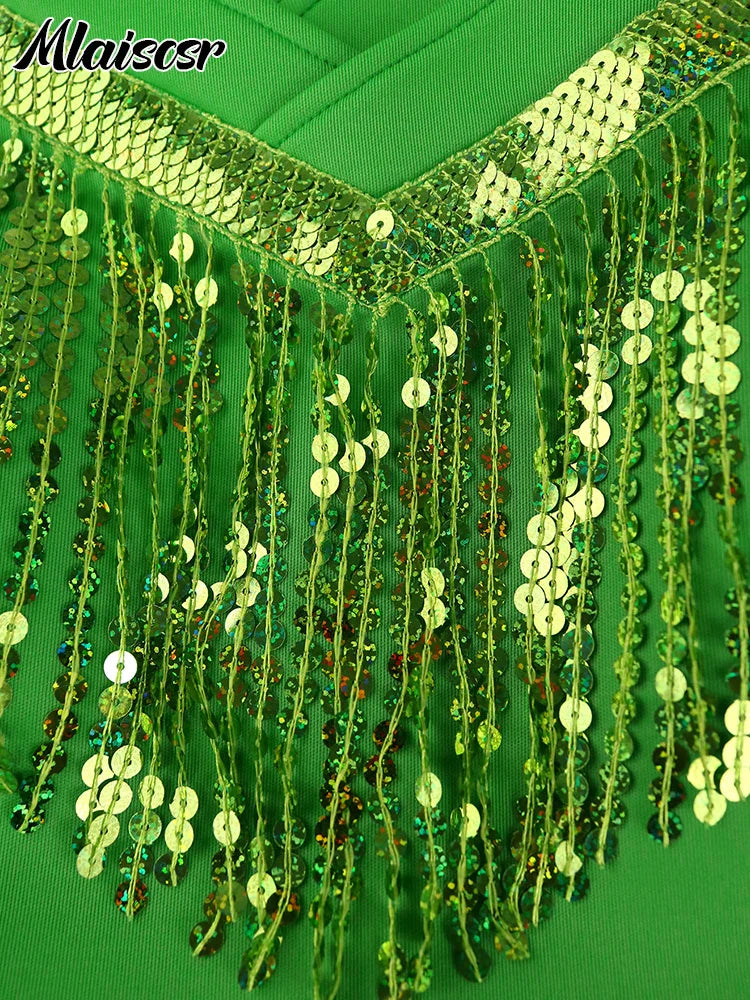Mlaiscsr Women Green Sequin Tassel Butterfly Sleeve Dress Fashion Slim Party African Birthday Prom Gowns Cocktail Club Vestidos