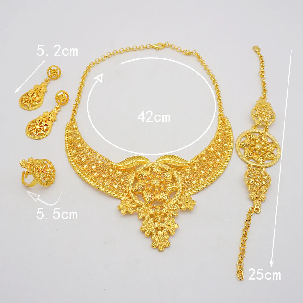 Indian Dubai Gold Color Jewelry Sets For Women Earring & Necklace Nigeria Moroccan Bridal Wedding Party Gifts