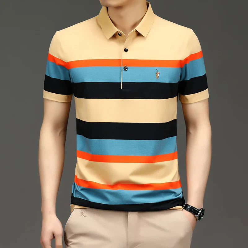 Embroidery Men's Polo Shirts Golf Shirt Summer Striped Button