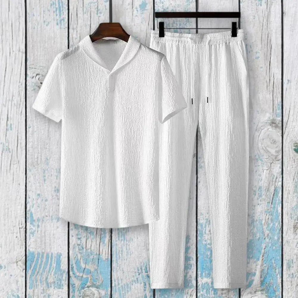 2Pcs/Set Summer Men's Suit Elastic Waistband Pleated Casual Outfit Men Business Short Sleeve Shirts Long Pants Set Male Clothing