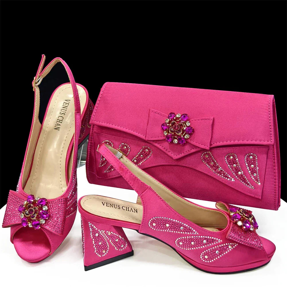 Venus Chan-Italian Shoes and Bags Matching Set for Women Bow Rhinestones Peep Toe High Heels Purple Color Nigerian Party 2024