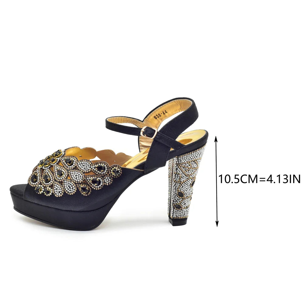 2024 Fashion Black Color High Quality Peep Toe Thin Heels Shoes Matching Bag Set for Nigerian Party Women Women Shoe Size 43