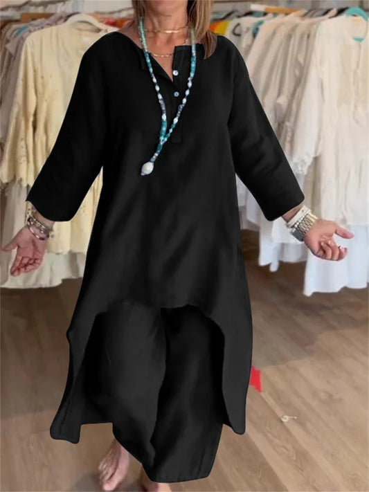 2024 Europe and the United States cross-border summer new, pure color casual long-sleeved cotton and linen suit women