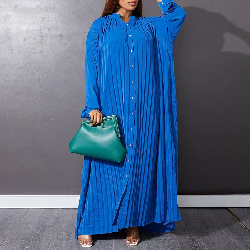 Autumn and Winter Fashion New Women's Loose Round Neck Single Breasted Pleated Temperament Obese Women's Long Sleeved Dress