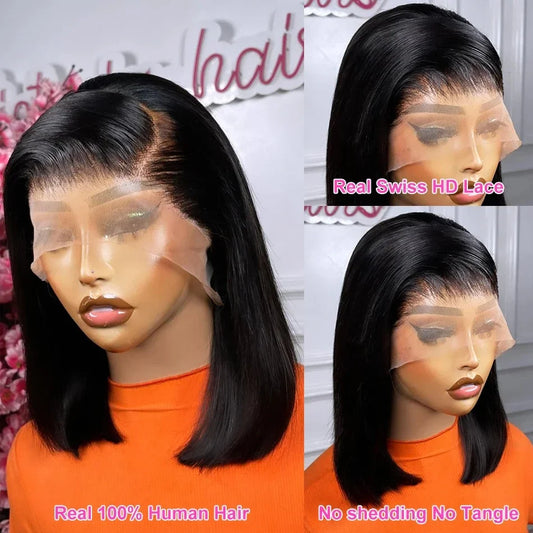 16Inch Vietnamese Super Double Drawn Bone Straight 13x4 Frontal Bob Wig with Human Hair Natural Black 210%Density For BlackWomen