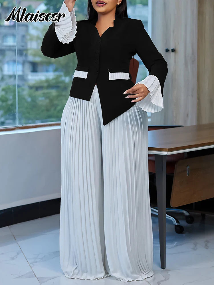 Mlaiscsr Elegant 2 Piece African Women Long Sleeve V-neck Top and Long Wide Legs Pant Matching Sets 2025 Spring OL Outfits