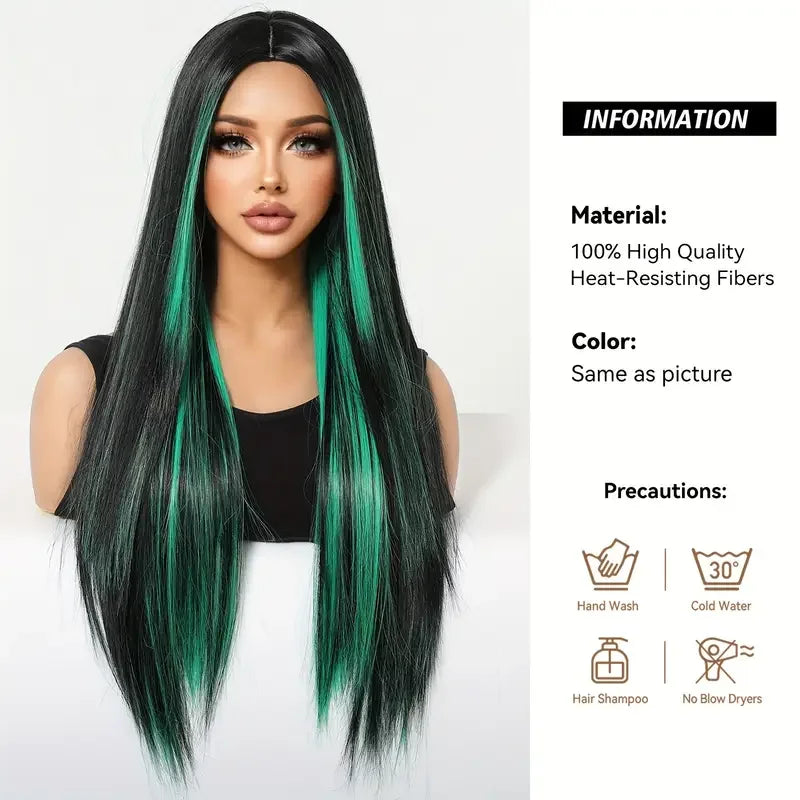 Long Black Green Mix Cospaly Wig Synthetic Hair High Quality Wig for Women Party Daily Use Heat Resistant Straight Natural Wigs