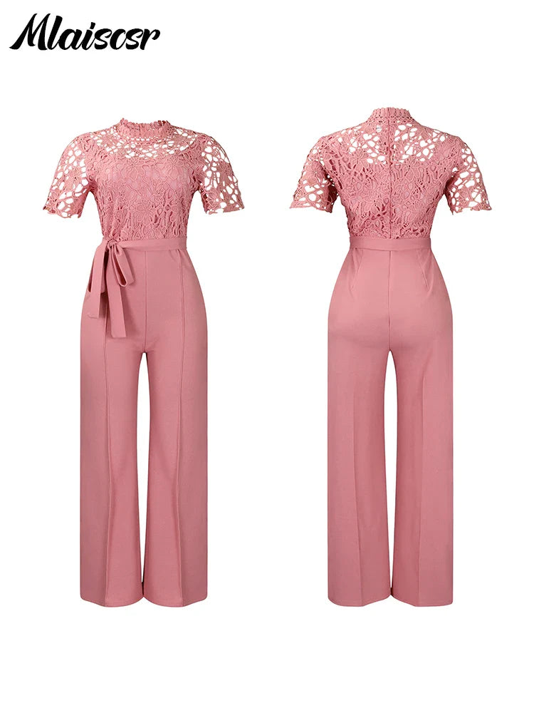Mlaiscsr Elegant White Jumpsuits with Sashes Club Outfit for Women Lace Patchwork Short Sleeve Birthday Party One Piece Rompers