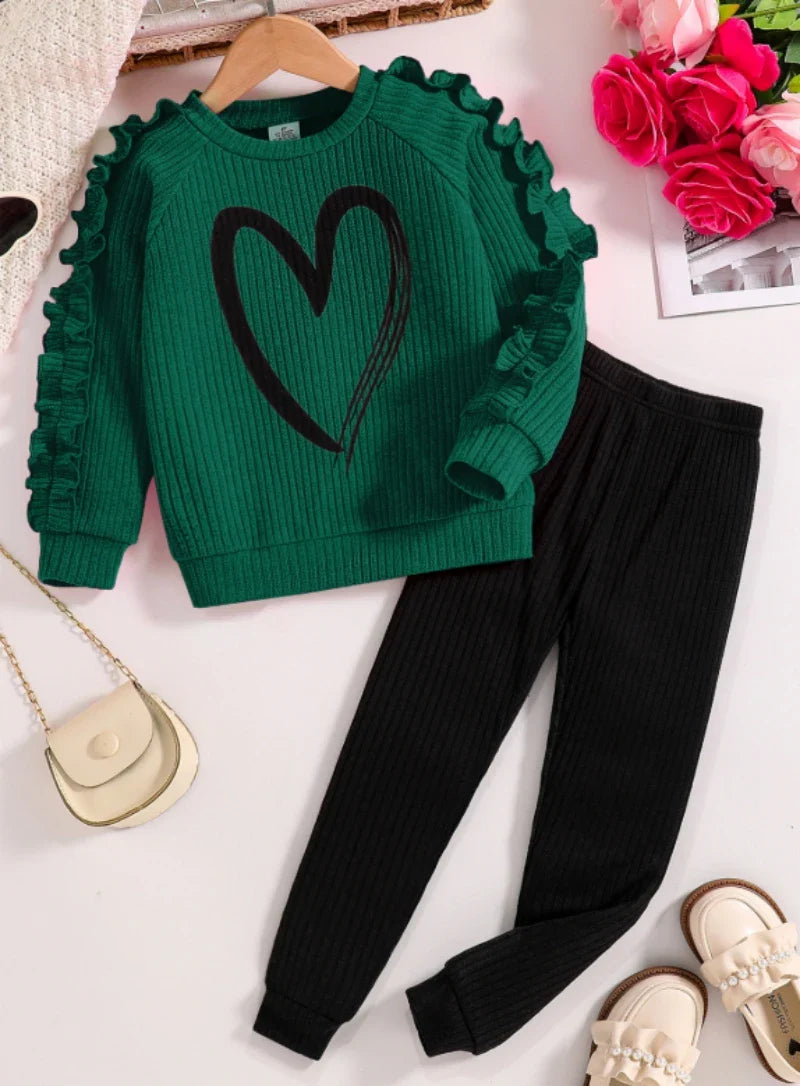 Spring and Autumn children fashion sports set girls sweater + casual pants two-piece girls cartoon heart printed clothing