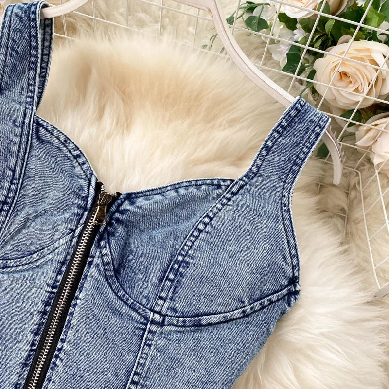 CM.YAYA Women Denim Sets Sleeveless Strap Crop Top and Long Skirts Suits 2024 Summer Jeans Streetwear Two 2 Piece Sets Outfits