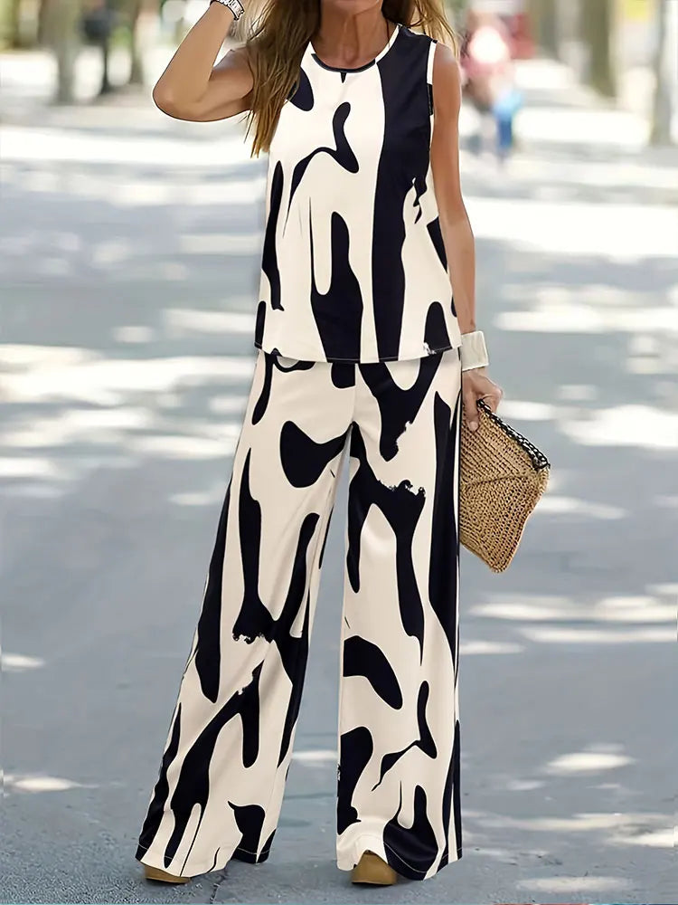 2024 Summer Women's Sleeveless Top And Long Pants Set Fashion Ladies Short Tank Top Daily Casual Ladies Long Wide Leg Pants